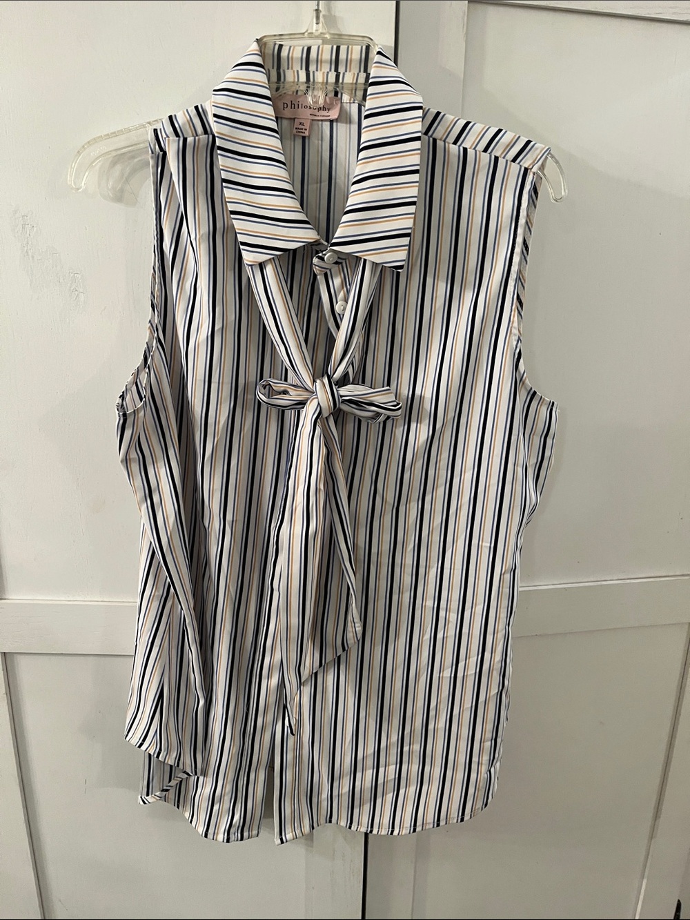 Philosophy Sleeveless Tie-Neck Striped Blouse in White, Black & Blue
